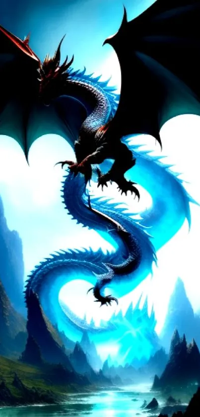 Majestic blue dragon soaring over a mystical landscape.