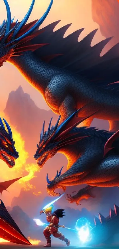 Epic fantasy wallpaper with fiery dragons and a warrior.