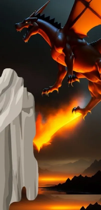 Epic dragon spewing fire in a dark, mystical landscape wallpaper.