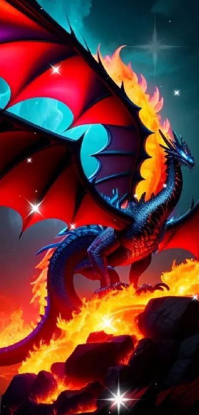 Epic red dragon flying over fiery landscape with vivid colors.