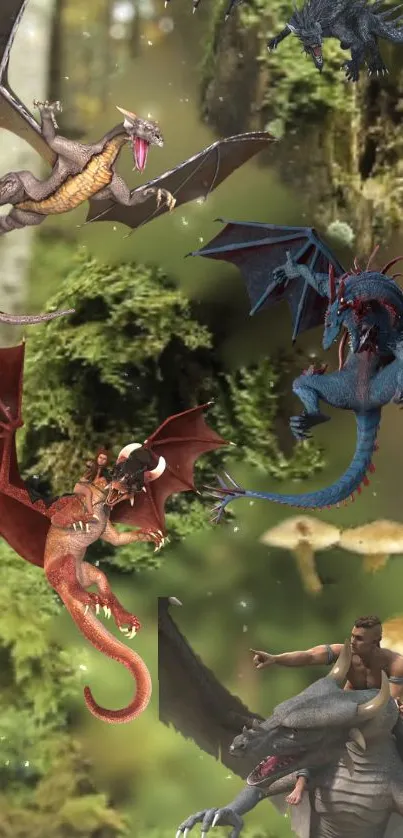 Dynamic dragon fantasy wallpaper in a lush forest setting.