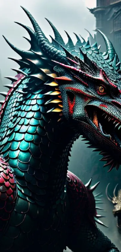 Epic dragon with teal scales in medieval setting.