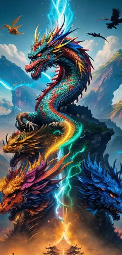 Vibrant dragon soaring over mystical mountains with vivid colors and dramatic sky.