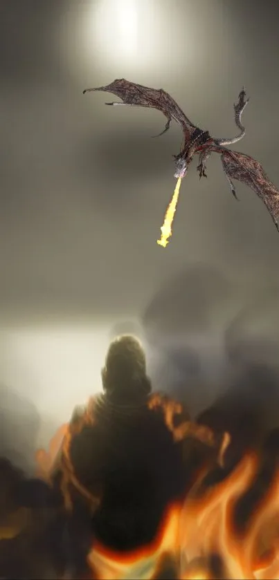 Epic scene of a dragon breathing fire above a figure with flames.