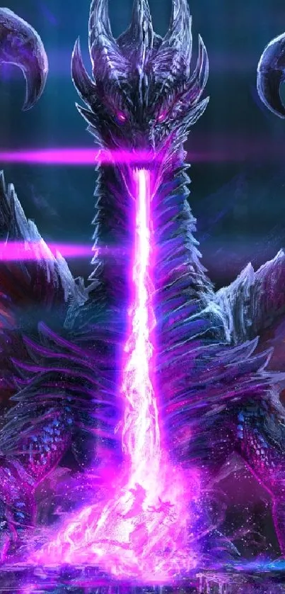 Epic dragon emitting vibrant purple flames in a mystical fantasy scene.