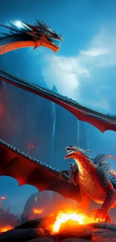 Epic dragon fantasy wallpaper with fiery backdrop.