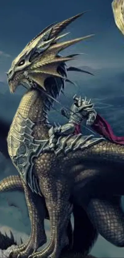 Epic fantasy wallpaper featuring a dragon on a cliff with mountains in the background.