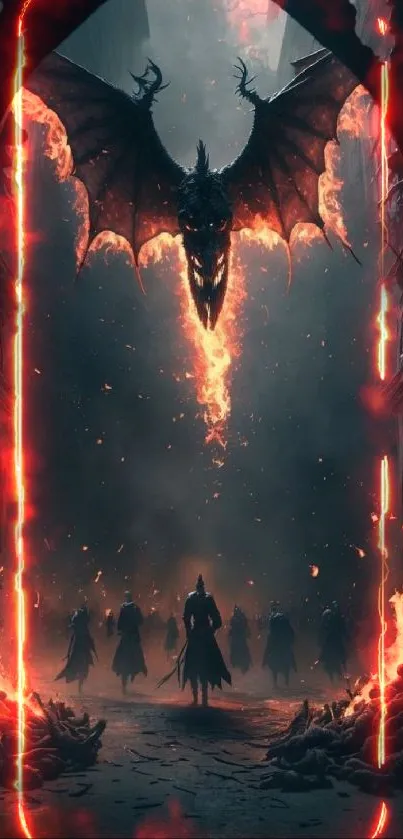 Epic wallpaper featuring a fiery dragon and dark fantasy setting.