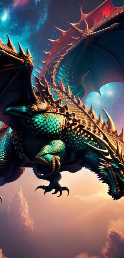 Magnificent dragon flies against a vibrant cosmic sky in this fantasy wallpaper.