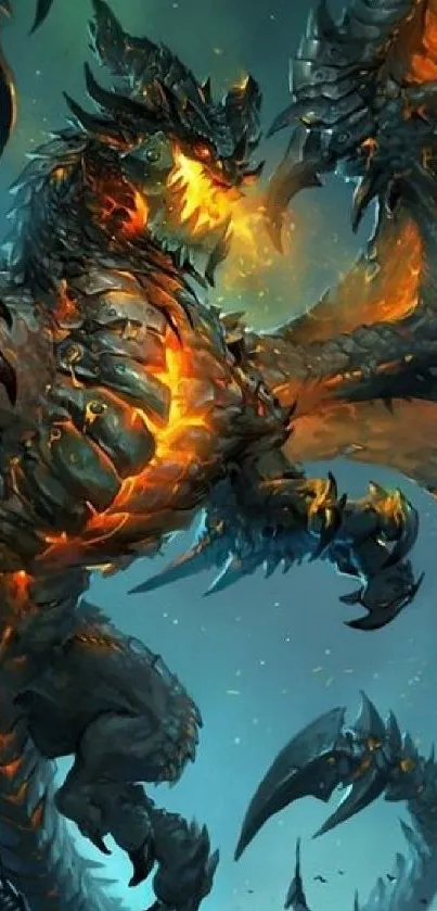 Epic dragon with fiery features on a fantasy wallpaper backdrop.