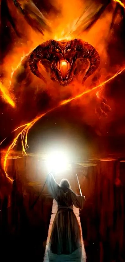Epic fantasy wallpaper with dragon and knight in vivid fiery orange tones.