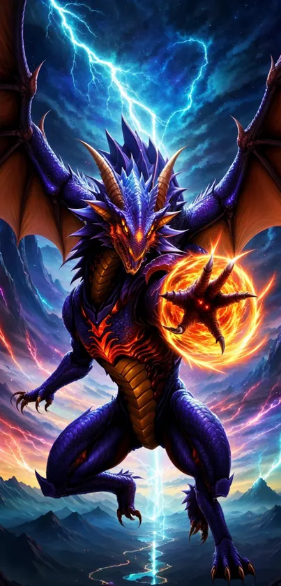 Epic dragon with lightning and fiery aura on a mystical mountain background.