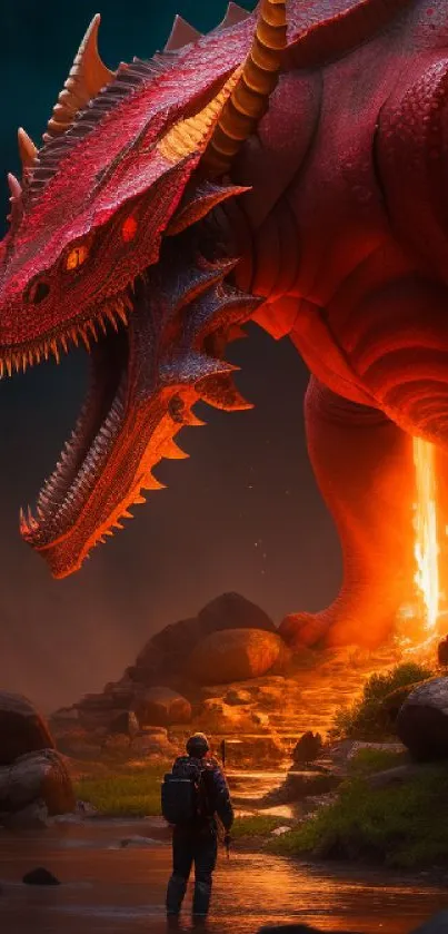 A fiery red dragon towers over a lone adventurer in a dramatic fantasy scene.