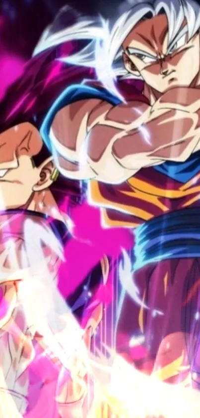 Anime fighters clash with fiery purple aura.