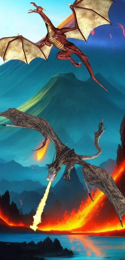 Two dragons in a fiery battle over a volcano.