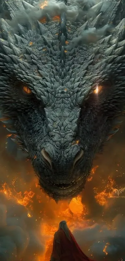 Epic dragon in fiery setting; perfect mobile wallpaper for fantasy lovers.