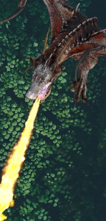 Epic dragon breathing fire over a lush green forest.