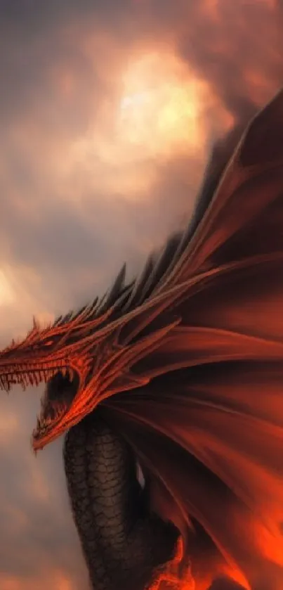 Epic dragon breathing fire with dramatic sky.