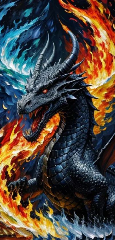 Epic dragon with fiery blue and orange flames in a dark fantasy setting.