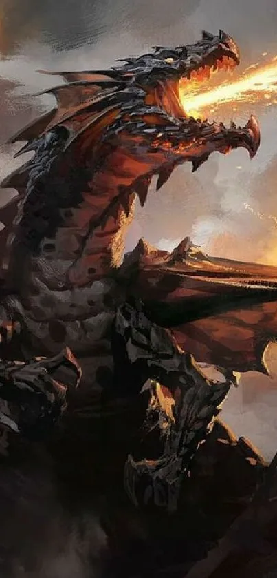 Fire-breathing dragon in epic fantasy art scene.