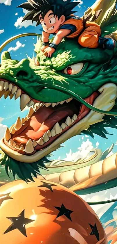 Anime hero rides a green dragon under a vibrant sky.