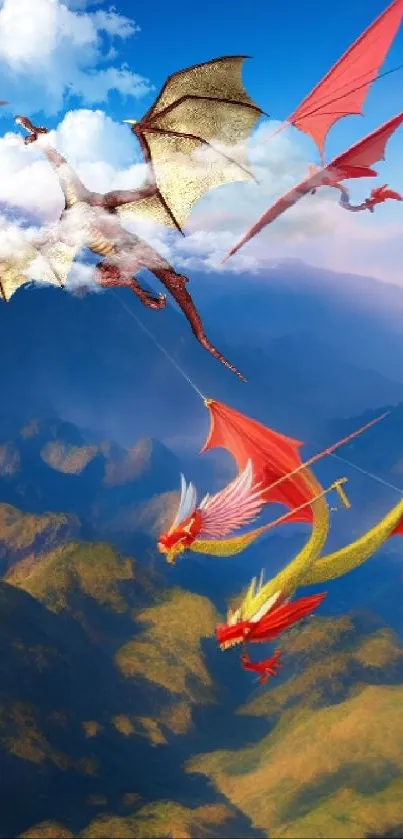 Dragons flying over mountains with clear blue skies in a fantasy wallpaper.