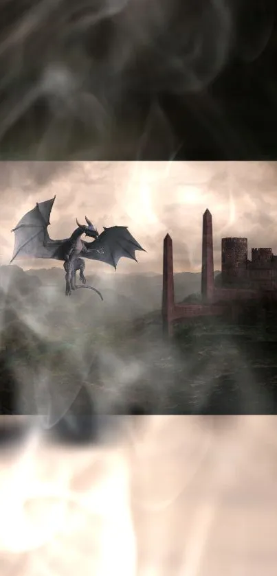 Dragon soaring over a mystical foggy castle landscape.