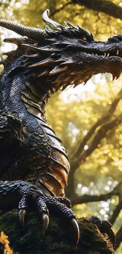 Majestic dragon in sunlit forest scene.