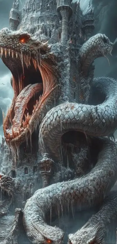 Epic dragon fortress with serpent-like dragon around a castle.