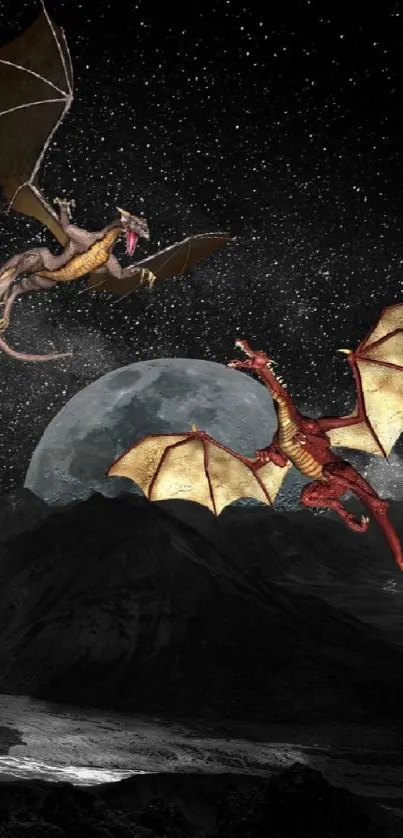 Dragons soar in a cosmic night sky over a lunar landscape.