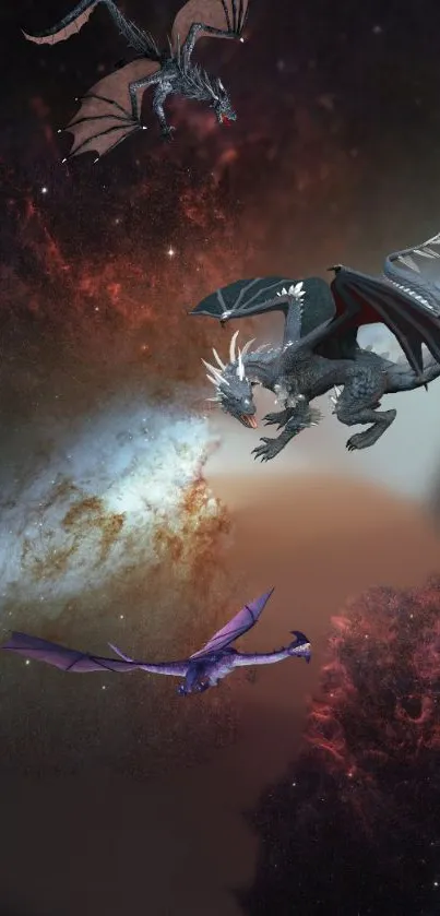 Dragons soaring in a colorful galaxy scene.