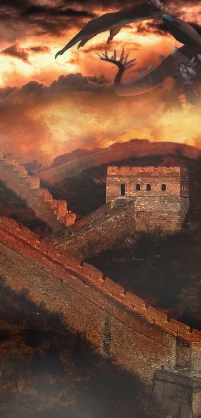 Dragon flying over Great Wall with fiery sky in the background.