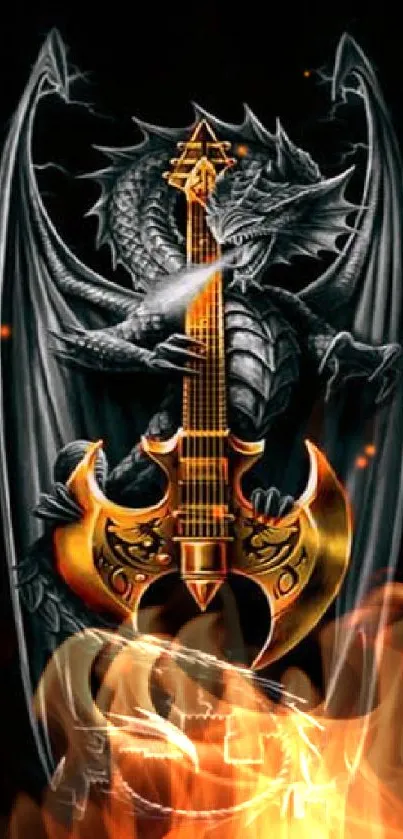 Epic dragon wrapped around a guitar on a black background.