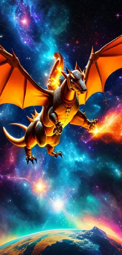 Fiery dragon soaring in a colorful cosmic space above Earth.