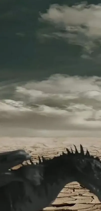 A solitary dragon standing in a vast desert under a dramatic cloudy sky.