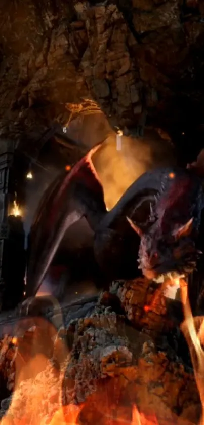 Epic dragon breathing fire in a dark cave.