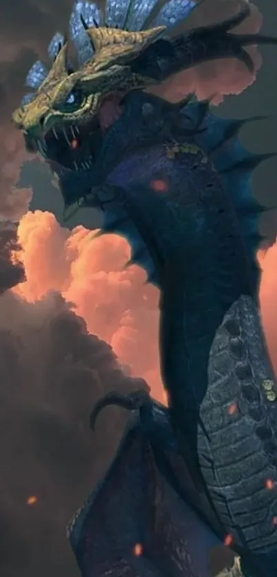 Epic dragon soaring through fiery, dramatic clouds in a captivating fantasy scene.