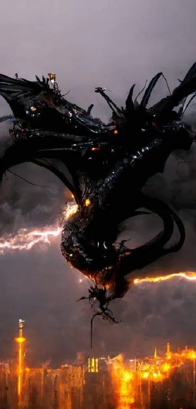 Epic dragon flying over a fiery city with stormy clouds and lightning.