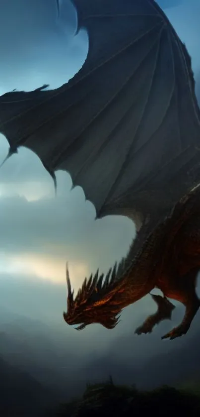 Epic dragon flying over misty mountains in a dark and fantastical scene.