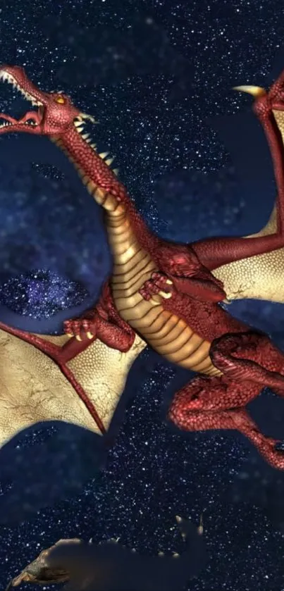 Majestic red dragon soaring through a starry night sky on mobile wallpaper.