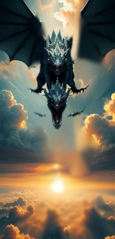 Epic dragon soaring in colorful sunset sky with clouds.