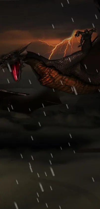 Majestic dragon flying through dark stormy sky with lightning