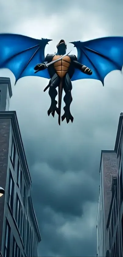 Epic dragon soaring above urban cityscape.