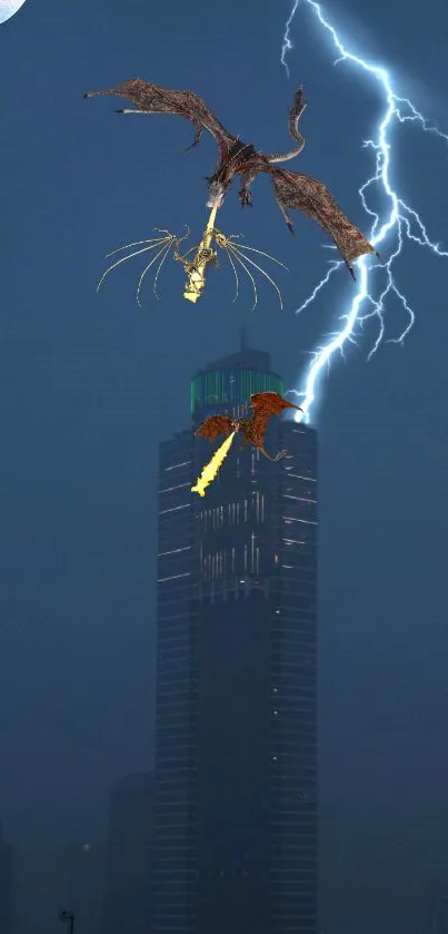 Dragons clash with lightning above a city skyscraper at night.