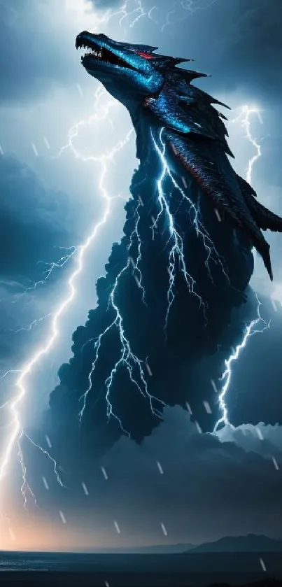 A majestic dragon emerges through stormy skies with dramatic lightning bolts.