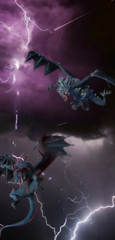 Dragons flying in a lightning storm sky wallpaper.