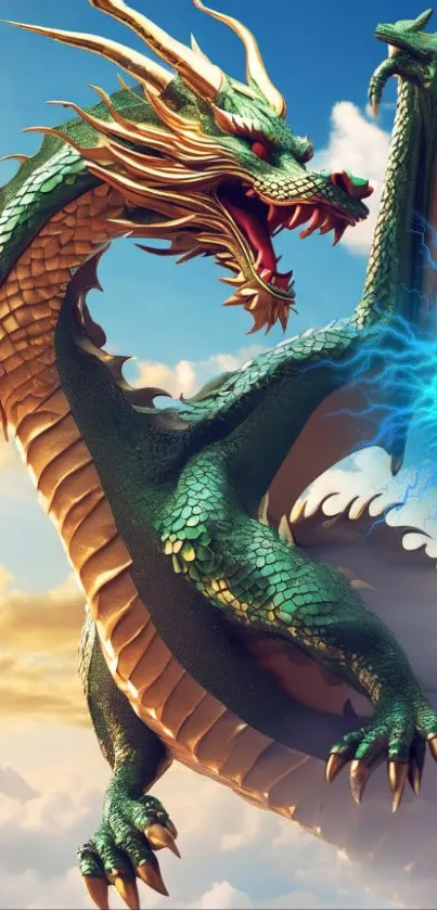 Epic green dragon with vibrant energy on a mobile wallpaper.