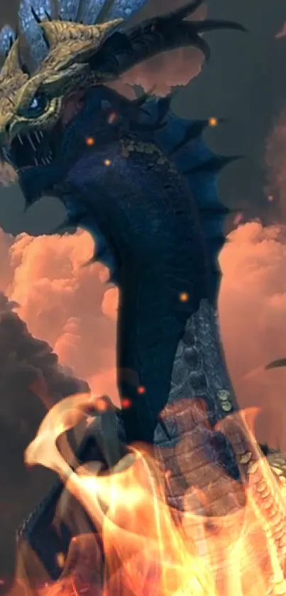 Epic dragon in flames with dramatic clouds.