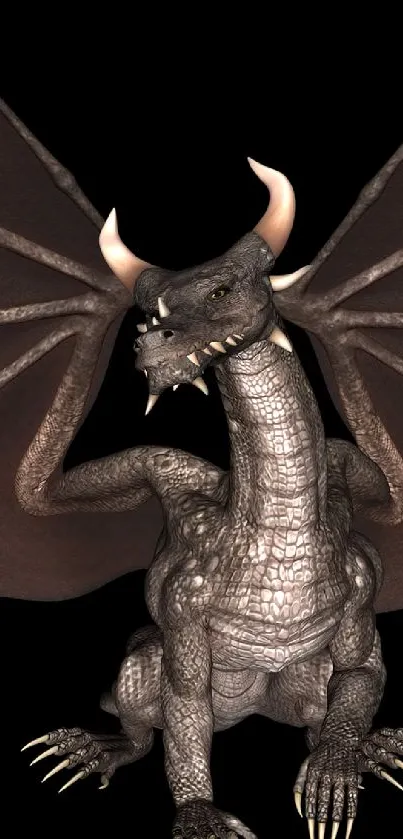 Dark brown dragon with horns and wings on a transparent background.