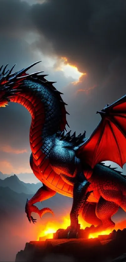 Epic red dragon against fiery sky on mountain cliff.